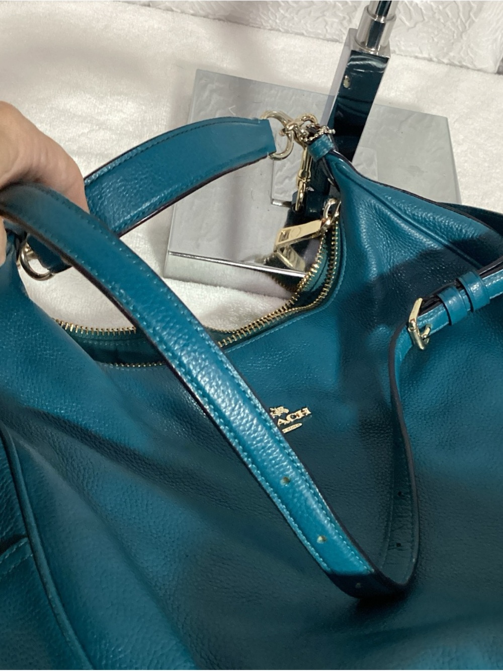 COACH Teal Pebbled Leather Harley East West Hobo Bag with Charm & Long Strap EUC - Picture 14 of 15